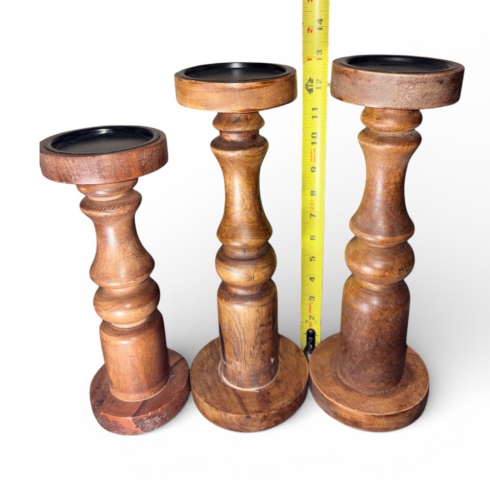 Set of 3 Wooden Pillar Candle Holders Decorative Brown Natural Finish decor - Picture 6 of 7